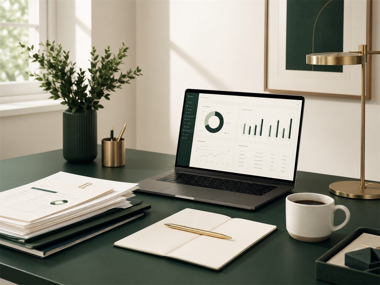 A calm home office with a laptop showing a tidy finance dashboard.