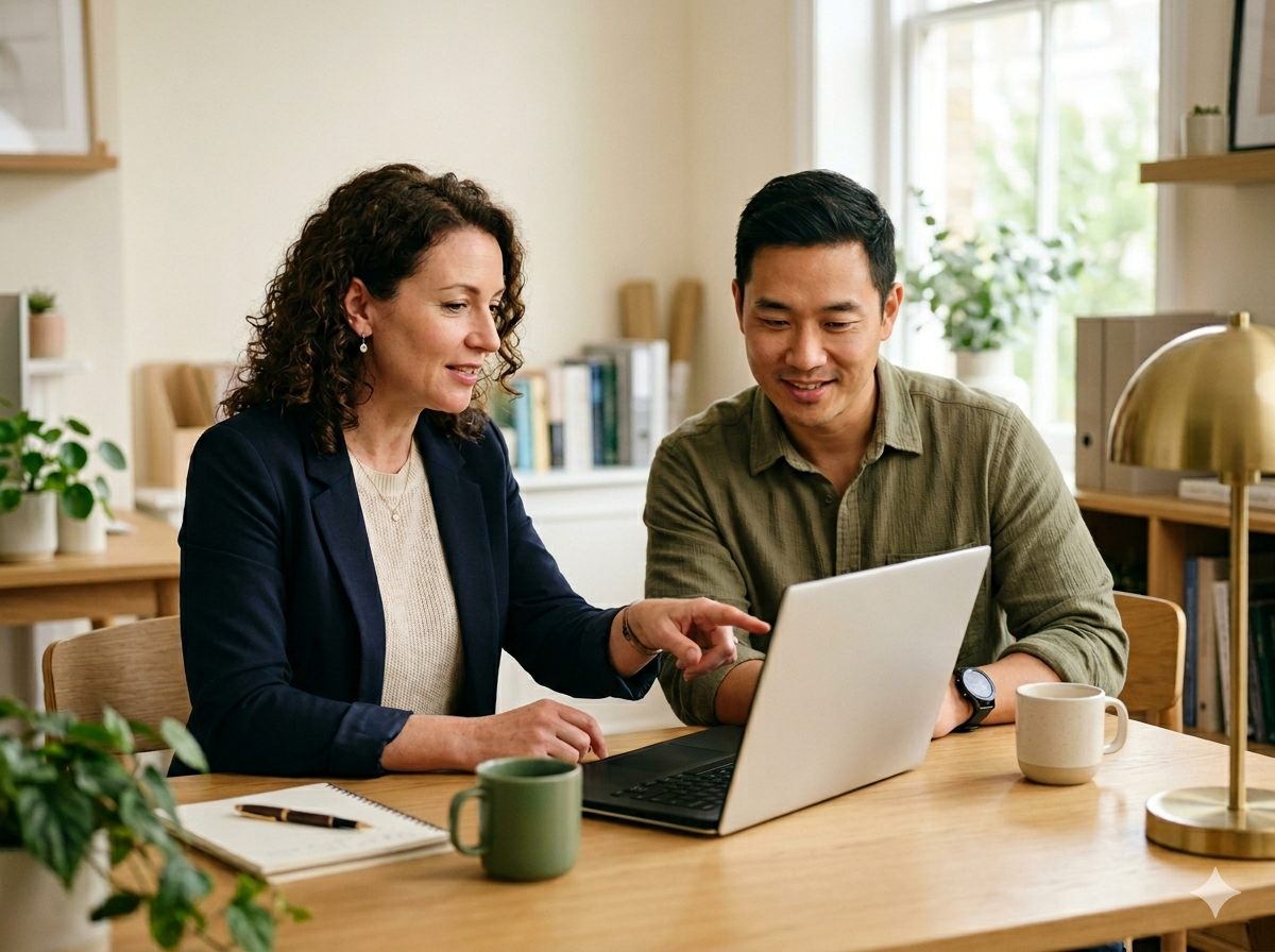 An adviser talking with a client across a desk.