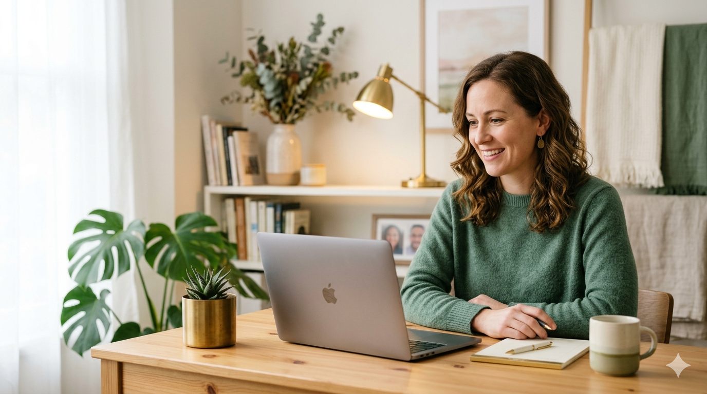 An owner at her desk approving a drafted follow-up message.