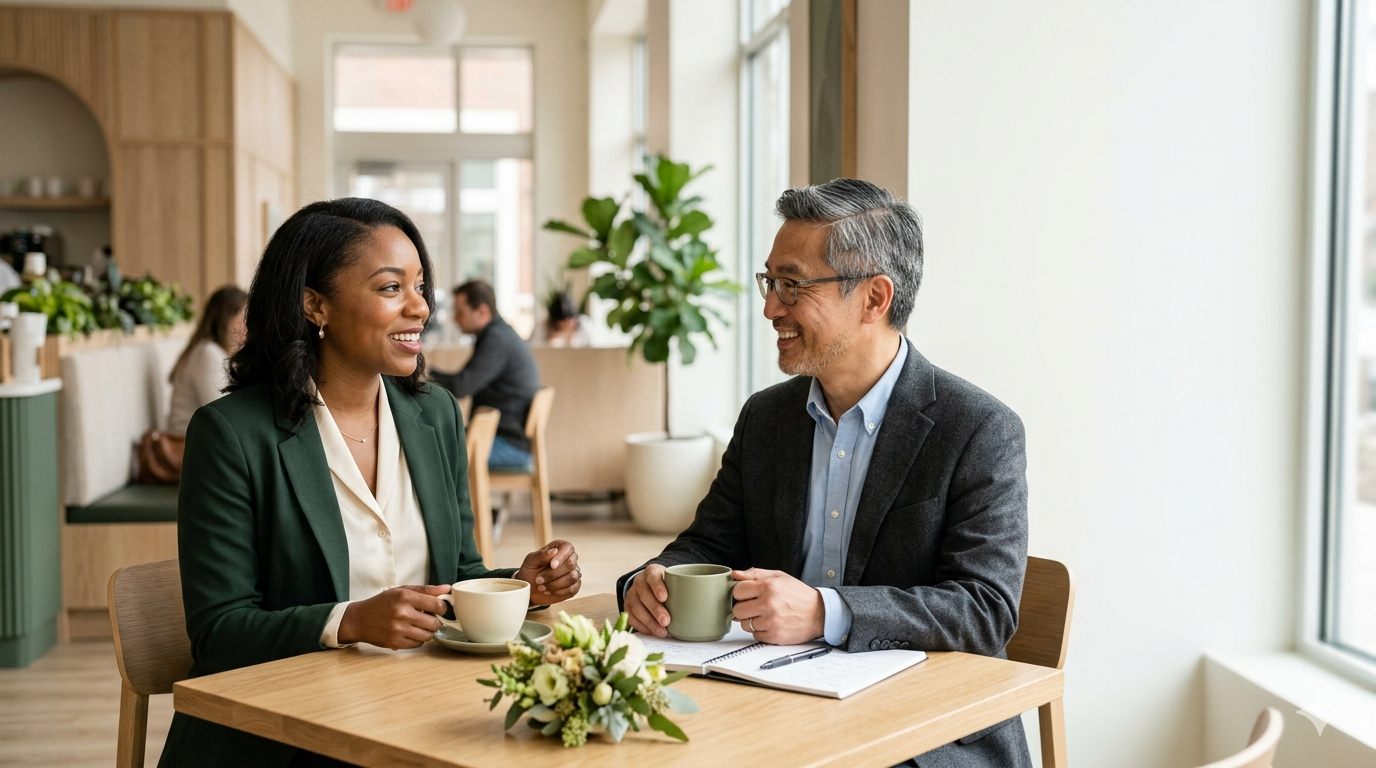 Two business people talking warmly over coffee.